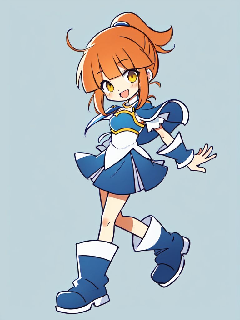 00065-382064521-arle nadja kawaii petit cute girl yellow eyes brown hair,half updo short topknot blue skirt, blue short sleeves, blue breast arm.png